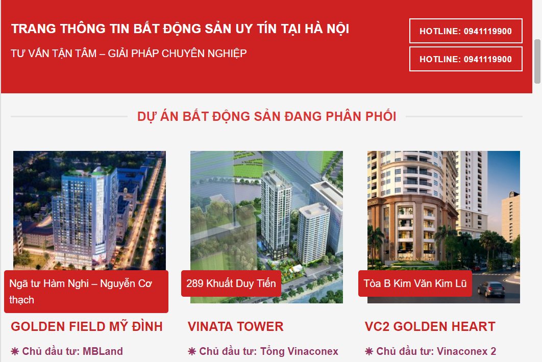 Website giới thiệu nhiều dự án như Trí An Land, Hưng Lộc Phát, VinataTower…