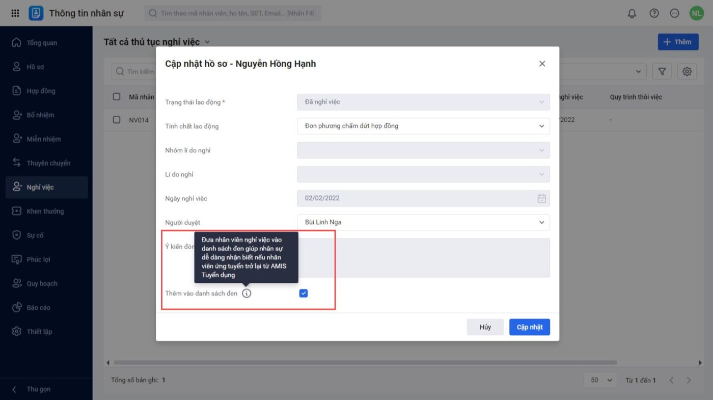 Quản lý danh sách nhân viên nghỉ việc trong diện blacklist và sàng lọc khi tuyển dụng